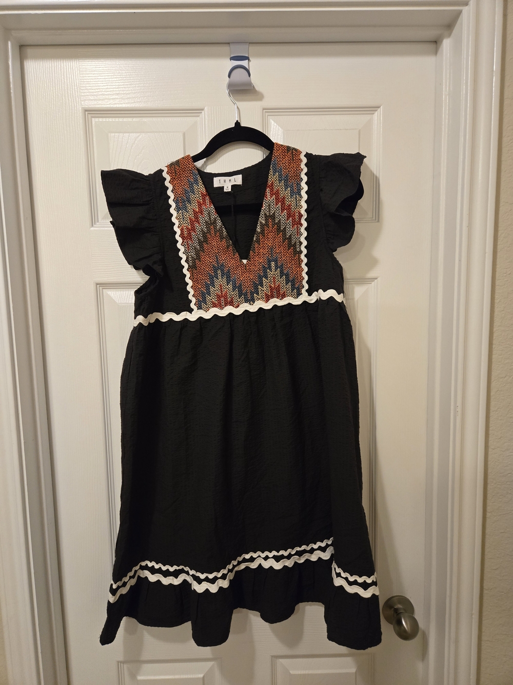 THML Black Mini Dress with Multicolor Chevron Yoke and Cream Trim